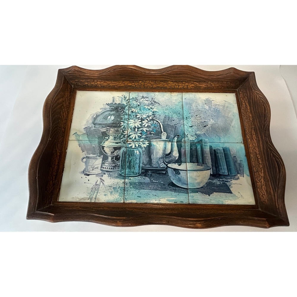 Carved Wood Serving Tray Scalloped Edge Tile Still Life Blue MCM Farmhouse Vtg